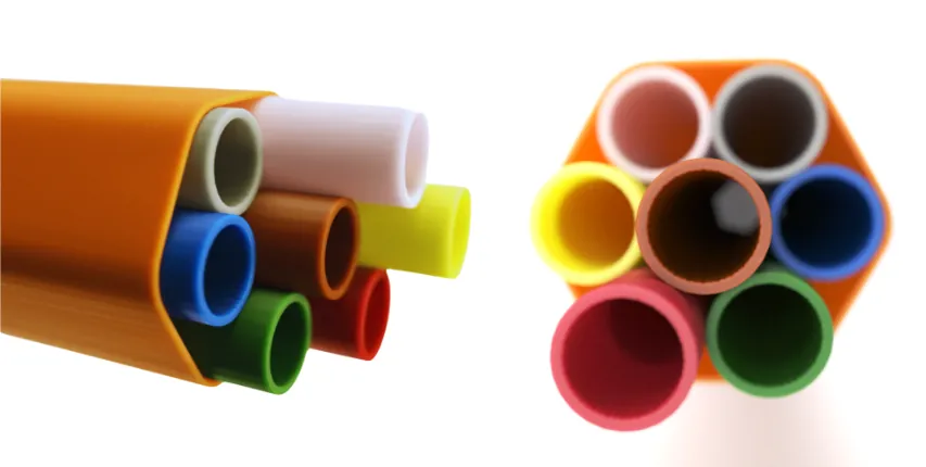 Microduct bundle with color-coded tubes inside an orange protective sheath