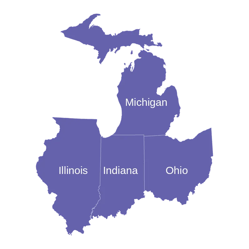 Territory map: Michigan, Indiana, Ohio and Illinois served by OSP Materials